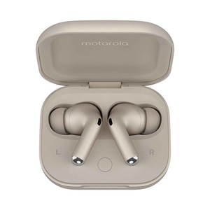Imagen de Auriculares bluetooth MOTOROLA Moto Buds+, con micrófono, estuche de carga, color beige.