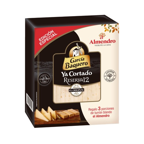 GARCIA BAQUERO Estuche de queso mezcla curado reserva ya cortado 290 g. con 3 porciones de turrón blando de regalo.