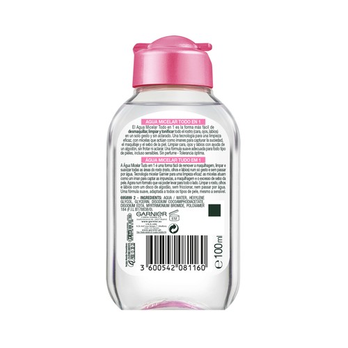 GARNIER Skin active Agua micelar para rostro, labios y ojos apta todo tipo de pieles 100 ml.