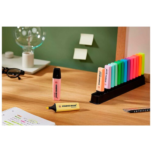 Marcador fluorescente STABILO BOSS ORIGINAL- Set de escritorio de 15 colores (9 fluorescente + 6 pastel).