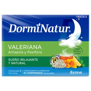 DORMINATUR Complemento alimenticio a base de valeriana, amapola y pasiflora, con sabor a menta y limón 30 uds.