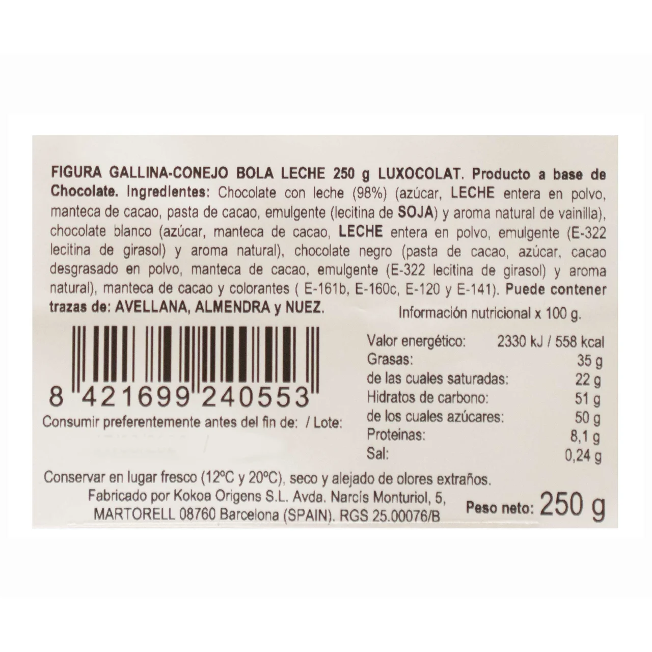 Gallina de Pascua de chocolate con leche 250 g.