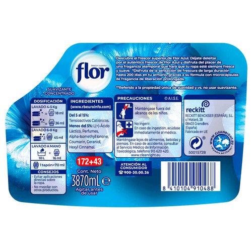 FLOR Suavizante concentrado azul FLOR 172 lavados + 25%, 3,87 L.