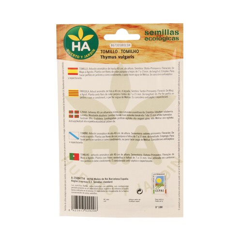 Semillas ecológicas para plantar tomillo HA-HUERTO Y JARDÍN 0.18 gramos.