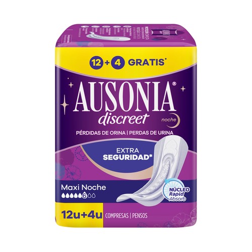 AUSONIA Compresas maxi noche para pérdidas de orina moderadas a severas AUSONIA Discreet 16 uds.