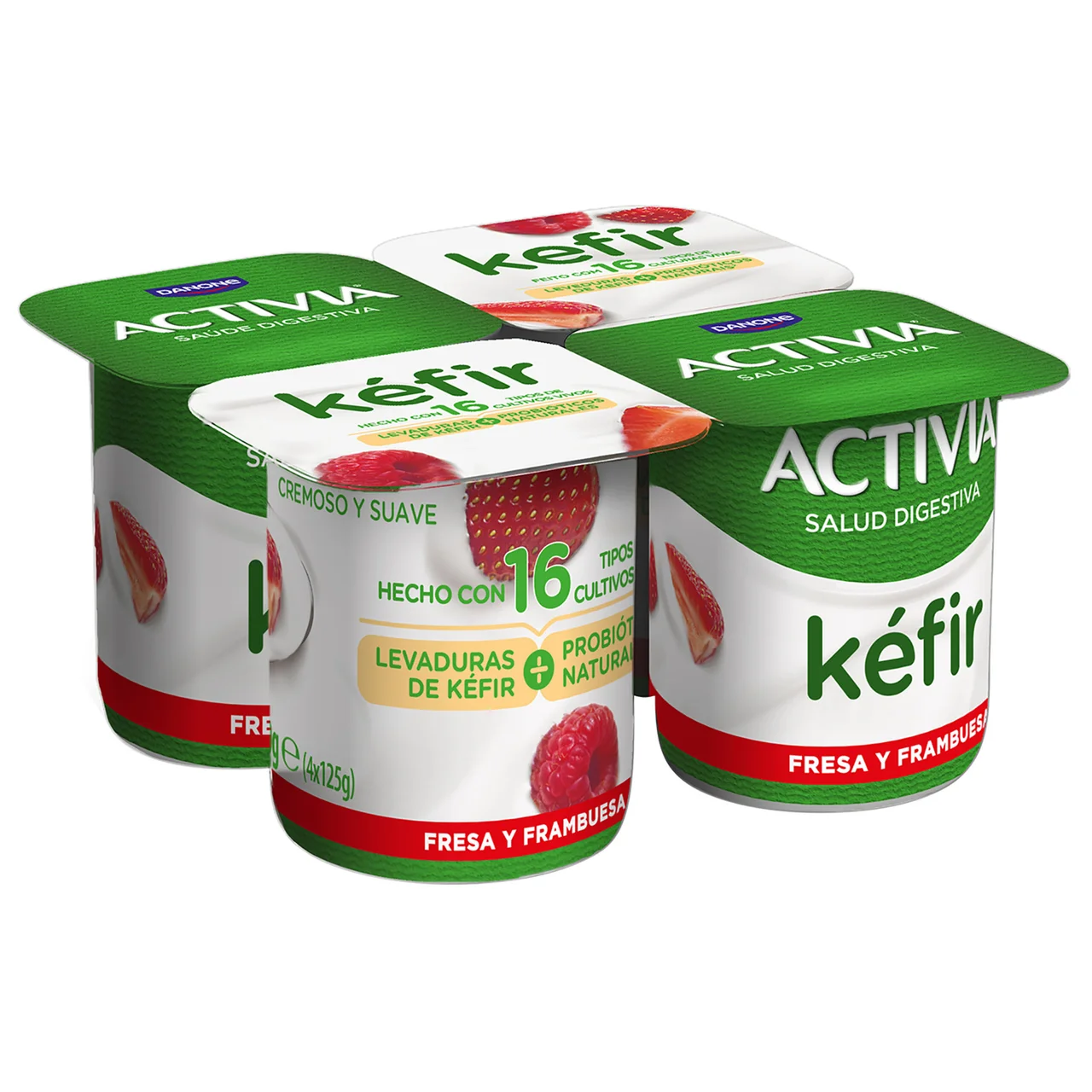 De Danone Kéfir cremoso y suave con fresa y frambuesa 4 x 125 g.