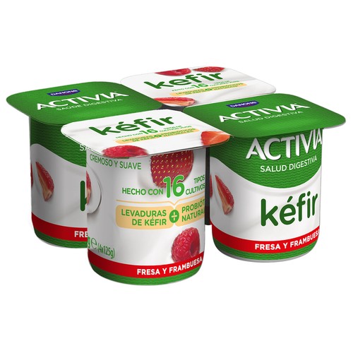 ACTIVIA de Danone Kéfir cremoso y suave con fresa y frambuesa 4 x 125 g.
