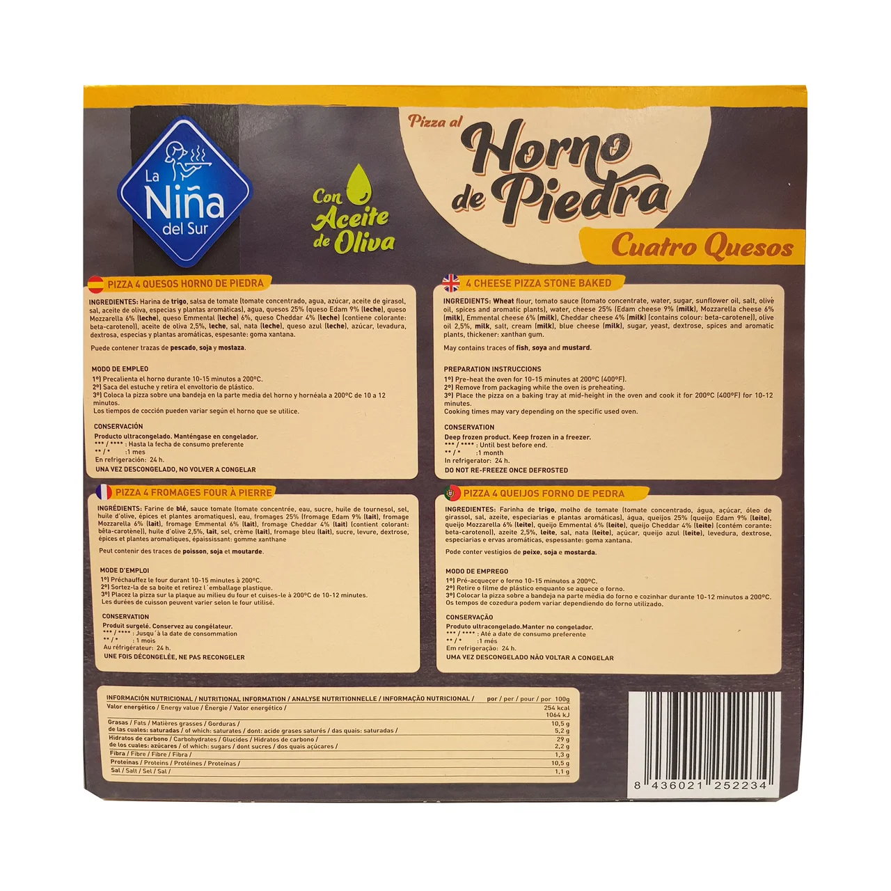 Pizza 4 quesos (Edam, Emmental, Cheddar y Mozzarella) hecha al horno de piedra 400 g.