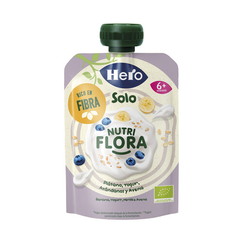 HERO Bolsita de yogur, avena y frutas (plátano y arándano), a paritr de 6 meses HERO Solo nutri fibra 100 g.