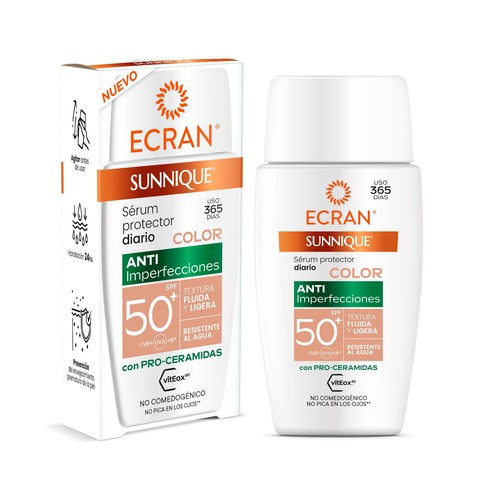 ECRAN Sunnique Sérum protector diario anti-imperfecciones, con color y FPS 50+ (muy alto) 40 ml.