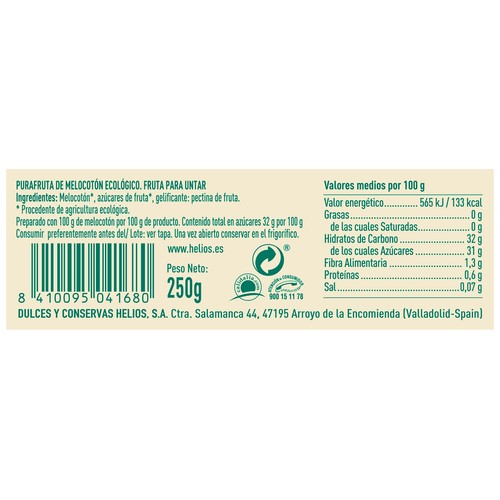 HELIOS Puré de melocotón ecológico, con azúcares procedentes de fruta 250 g.
