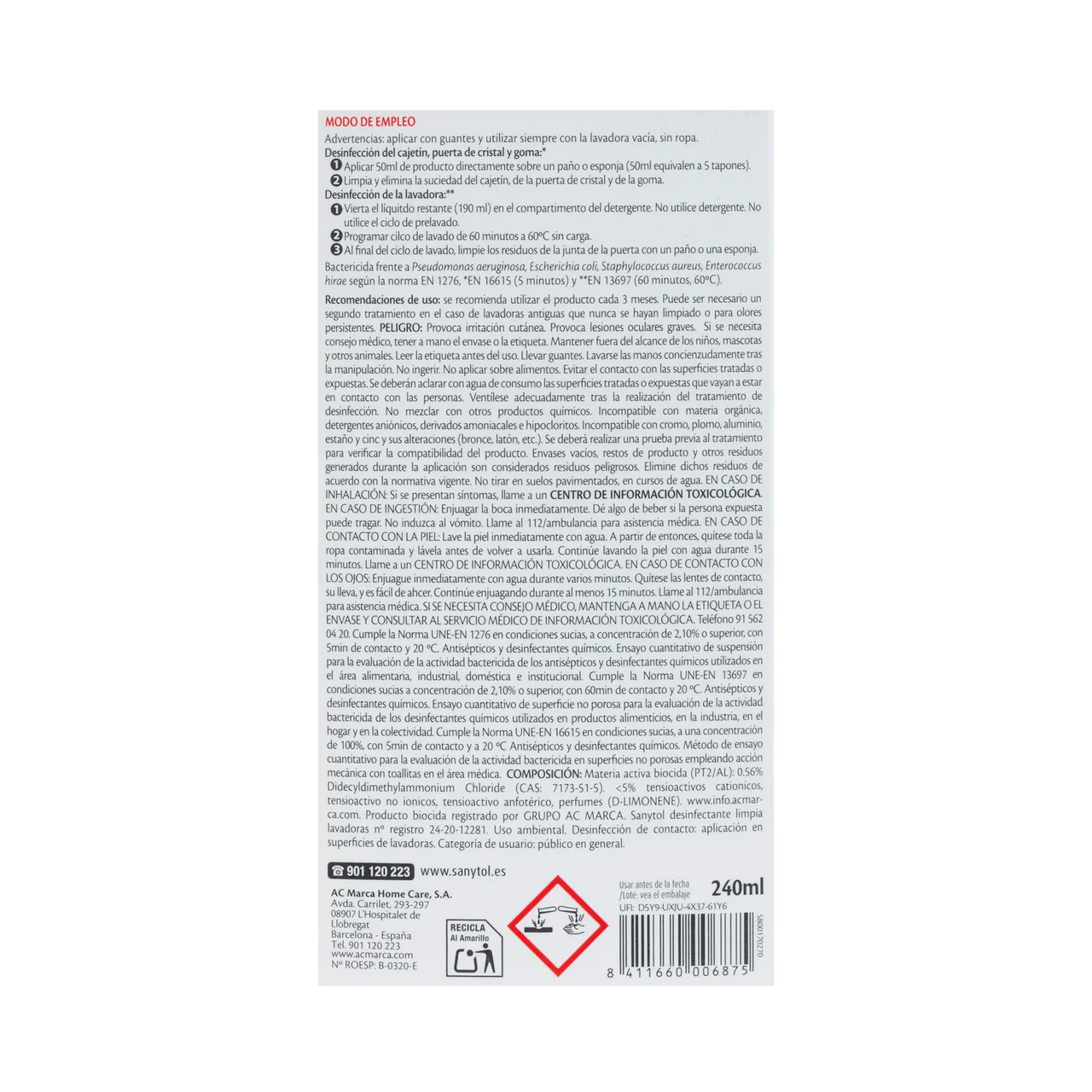 Limpia lavadoras higienizante 250 ml