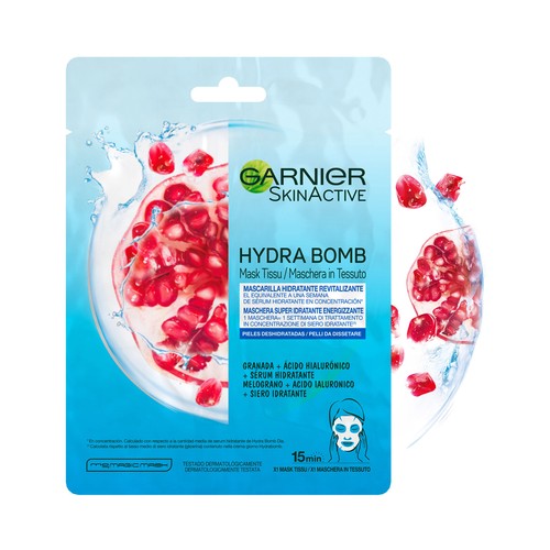 GARNIER Skin Active Mascarilla de tela Hydra Bomb, hidratante y revitalizante, con granada antioxidante, ácido hialurónico.