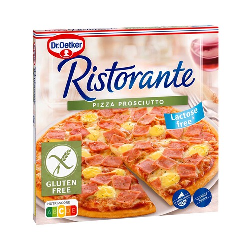 DR. OETKER Pizza sin gluten, son salsa de tomate, jamón cocido ahumado y queso Ristorante 370 g.