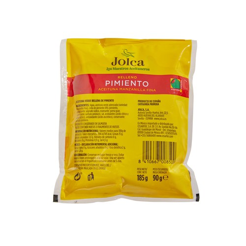 JOLCA Aceitunas verdes manzanilla rellenas de pimiento bolsa de 90 g.