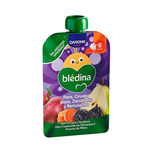BLÉDINA de Danone Bolsita (pouch) de frutas y hortalizas (pera, ciruela pasa, zanahoria y remolacha), a partir de 8 meses 100 g.