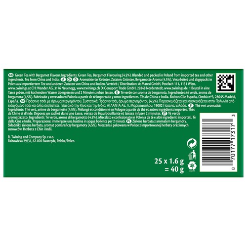 TWININGS Earl grey Té verde 25 uds 40 g.