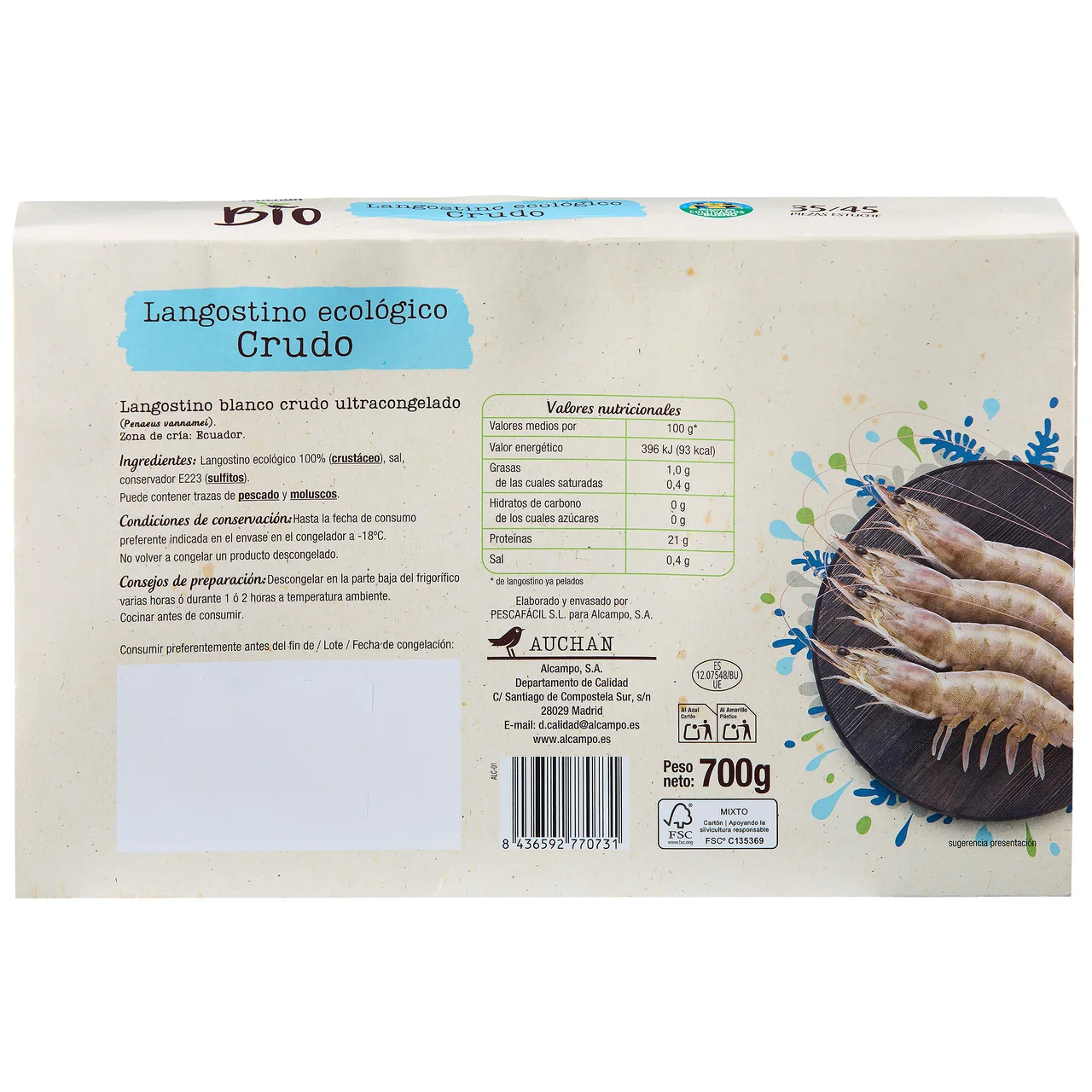 ALCAMPO CULTIVAMOS LO BUENO ECOLÓGICO  Langostino blanco 35 / 45 crudo, ecológico y ultracongelado  (P.N. 700g)