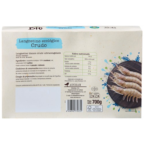 ALCAMPO CULTIVAMOS LO BUENO ECOLÓGICO  Langostino blanco 35 / 45 crudo, ecológico y ultracongelado  (P.N. 700g)