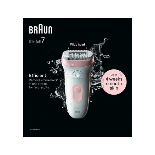 Depiladora eléctrica inalámbrica BRAUN Silk-épil 7-000, cabezal ancho, tecnología MicroGrip, resistente al agua.