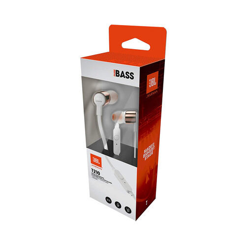 Auriculares tipo intrauditivo JBL T210 con micrófono, color blanco/oro.