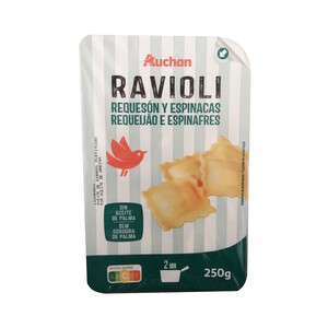Imagen de AUCHAN Raviolis de pasta fresca al huevo, rellenos de requesón y espinacas 250 g. Producto Alcampo