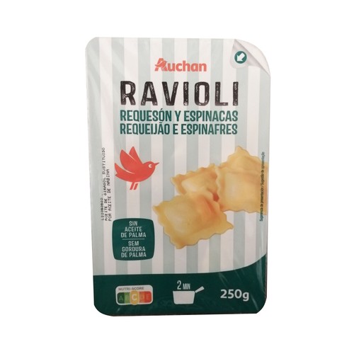AUCHAN Raviolis de pasta fresca al huevo, rellenos de requesón y espinacas 250 g. Producto Alcampo