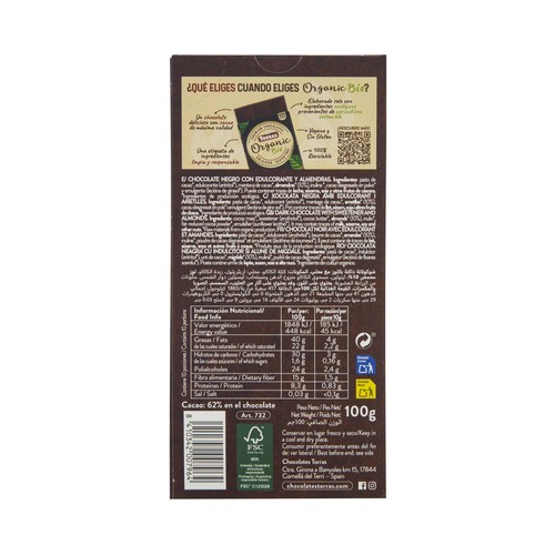 TORRES Bio Chocolate negro (62% cacao) ecológico con edulcorantes y almendras 100 g.
