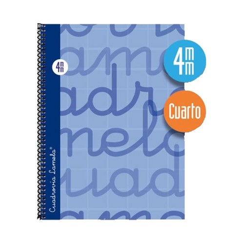 Cuaderno de espiral tamaño cuarto con 80 hojas de cuadrovía 4mm. Cubierta extra dura color azul. EDITORIAL LAMELA.