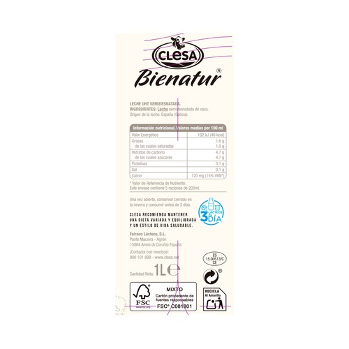 CLESA Leche de vaca semidesnatada de origen 100% gallega de bienestar animal Bienatur 6 x 1 l.