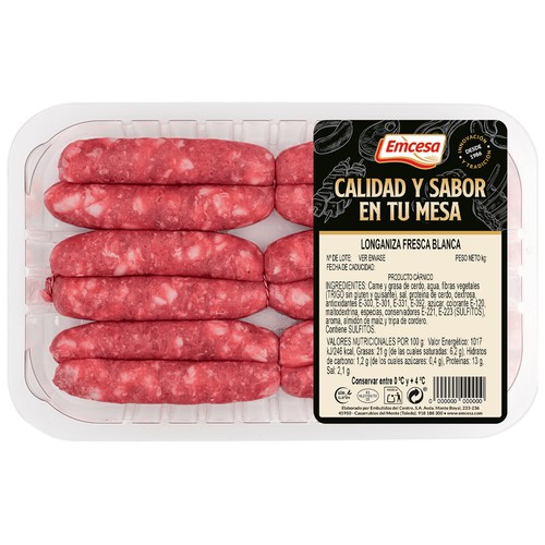 Bandeja de longanizas frescas blancas, elaboradas sin gluten EMCESA.  500 Gramos Aproximados