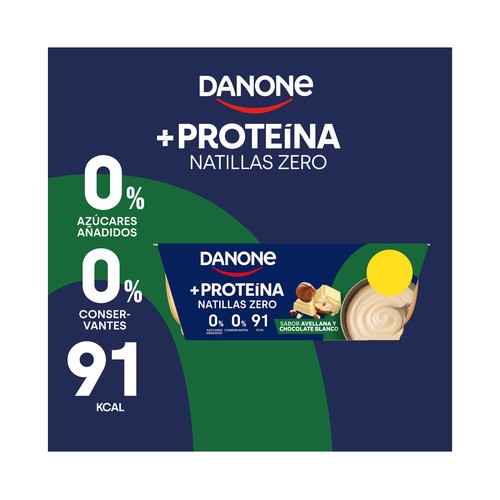 DANONE + Proteina Natillas zero con sabor a avellana y chocolate blanco 4 x 120 g.