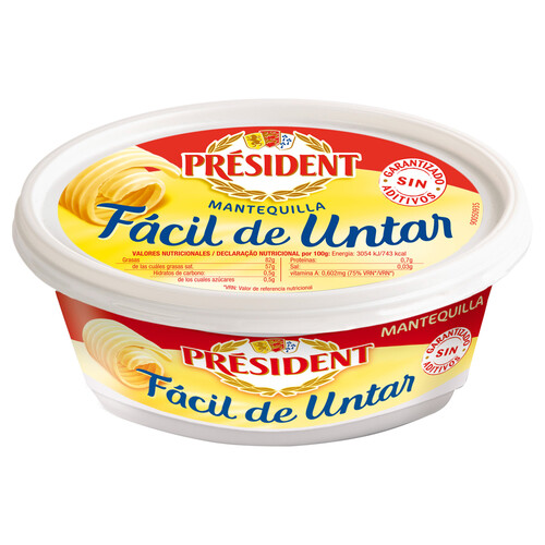 Tarrina de mantequilla, sin aditivos y fácil de untar PRESIDENT 250 g.
