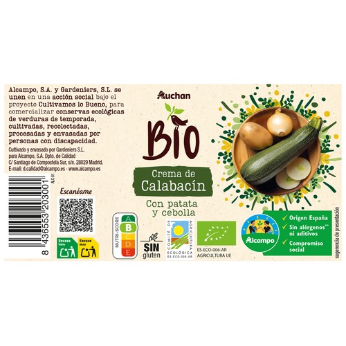 ALCAMPO CULTIVAMOS LO BUENO Bio Crema de calabacín con patata y cebolla ecológicas bote 500 ml.
