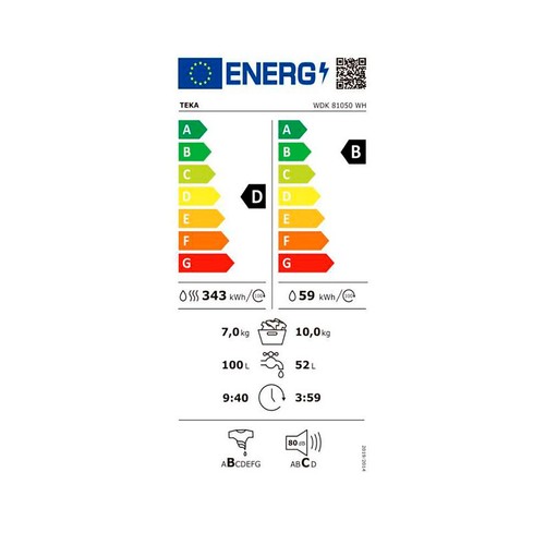 Lavadora secadora TEKA WDK81050WH blanca, capacidad lavado/secado: 10KG/7KG, clasificación energética: D, 1500RPM, H: 85cm,A: 59,5cm,F: 63cm.