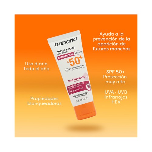 BABARIA Protector solar facial, anti manchas y anti arrugas con FPS 50+ (muy alto) 75 ml.