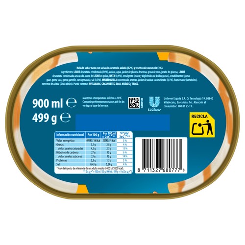 FRIGO Tarrina de helado de nata con salsa y trocitos de caramelo 900 ml.