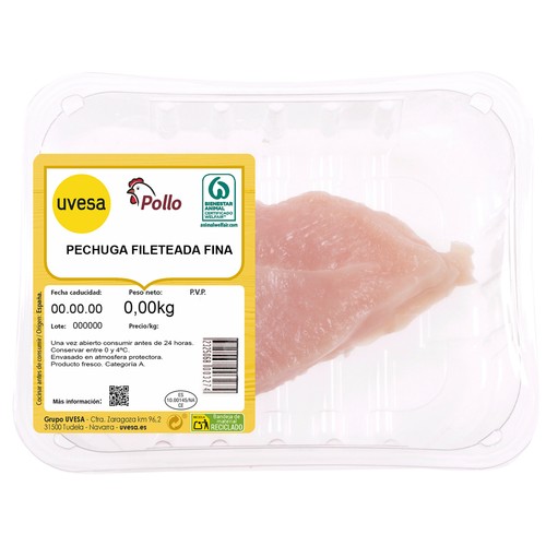 Pechuga de pollo blanco fileteada con corte fino Bandeja.