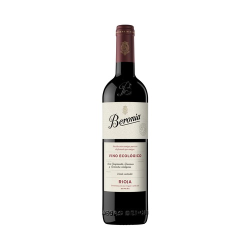 Vino tinto ecológico con denominación de origen calificada Rioja BERONIA botella de 75 cl.