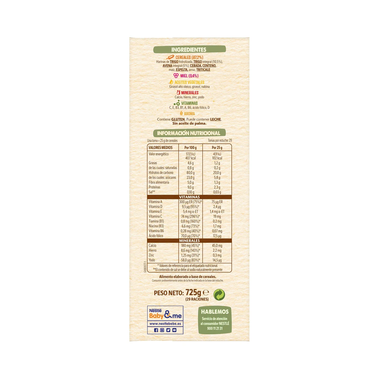 NESTLÉ Papilla de 8 cereales con miel, a partir de 6 meses NESTLÉ 725 g.
