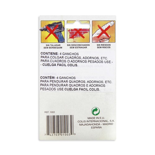 Sistema de gancho corto cuelga fácil sin necesidad de taladros COLIS.