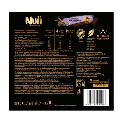 NUII de Nestlé Bombón bombón de vainilla y miel de Nueva Zelanda con trozos de almendras saladas caramelizadas 3 x 90 ml.