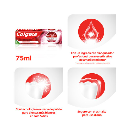 COLGATE Pasta de dientes blanqueadora con flúor y sabor a menta COLGATE Max white expert 75 ml.