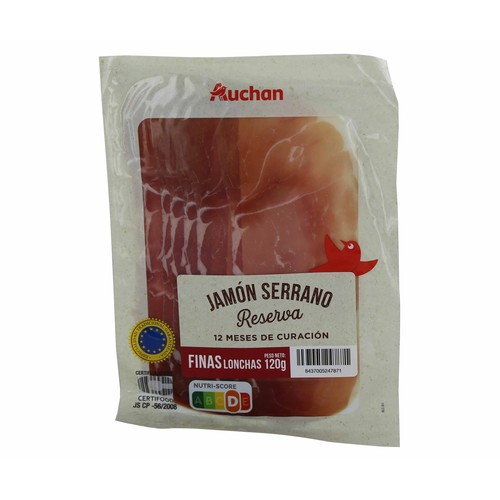 Jamón serrano reserva (curación mínima de 12 meses), cortado en finas lonchas PRODUCTO ALCAMPO 120 g.