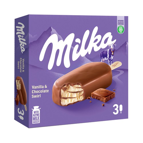 MILKA Helado de vainilla con chocolate con leche (leche proviniente de los Alpes) recubierto de chocolate con leche 3 x 90 ml.
