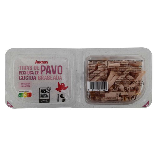Pechuga de pavo cocida y braseada, cortada en tiras y elaborada sin gluten y sin lactosa PRODUCTO ALCAMPO 2 x 100 g.