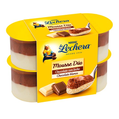 LA LECHERA Mousse de chocolate con leche y chocolate blanco de Nestlé 4 x 59 g.