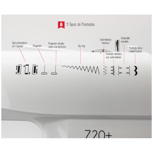 Máquina de coser ALFA 720+, 9 puntadas, ojal automático, brazo libre, Lud led.