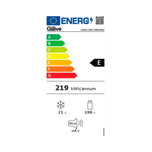 Frigorífico combi 180cm QILIVE Q.6950 Inox 600187451, NO FROST, clasificación energética: E, H: 180cm, A: 54,5cm, F: 62,5cm, capacidad total: 270L.
