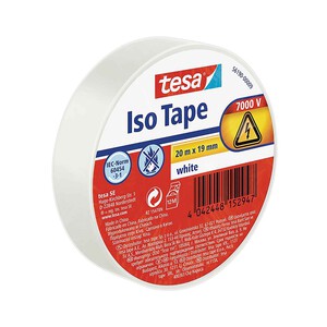 Rollo de 20 metros de cinta aislante adhesiva de 19 milímetros y color blanco TESA Iso tape.